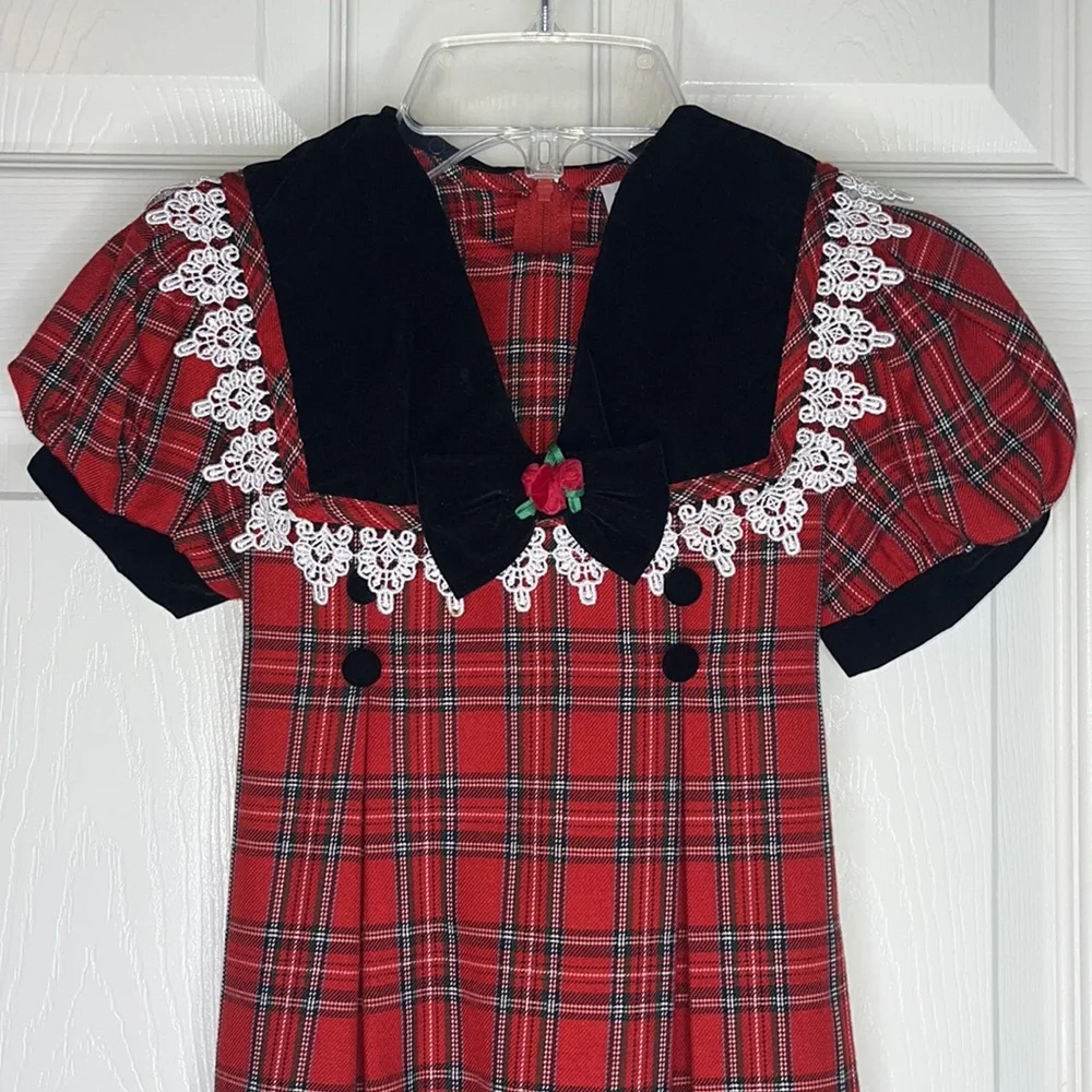 RARE EDITIONS Girls Red Plaid Short Puffy Sleeve Dress Black Velvet Collar Lace